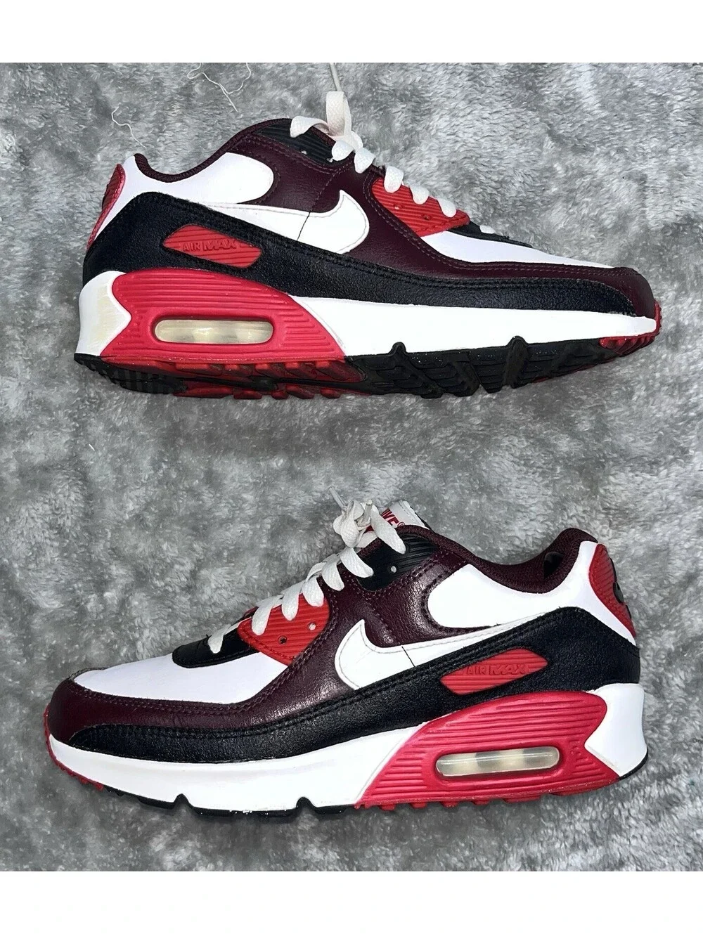 Nike Air Max 90 (GS) Burgundy/White/Black Leather Low Top Sneakers 6Y